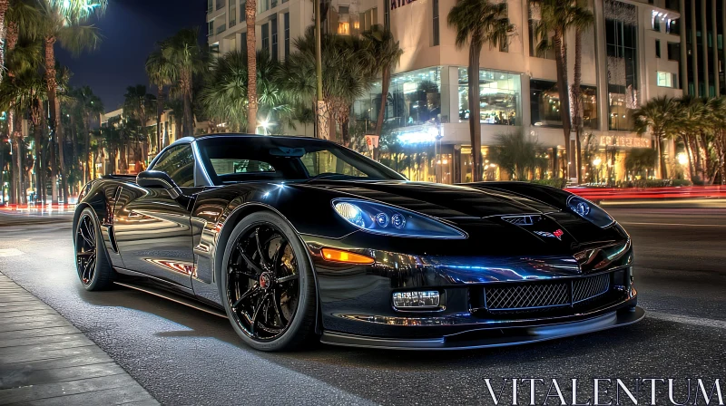 Sports Car in Night Cityscape AI Image