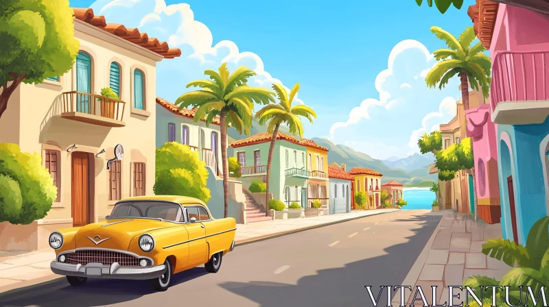 Stunning Coastal Street View with Classic Car AI Image