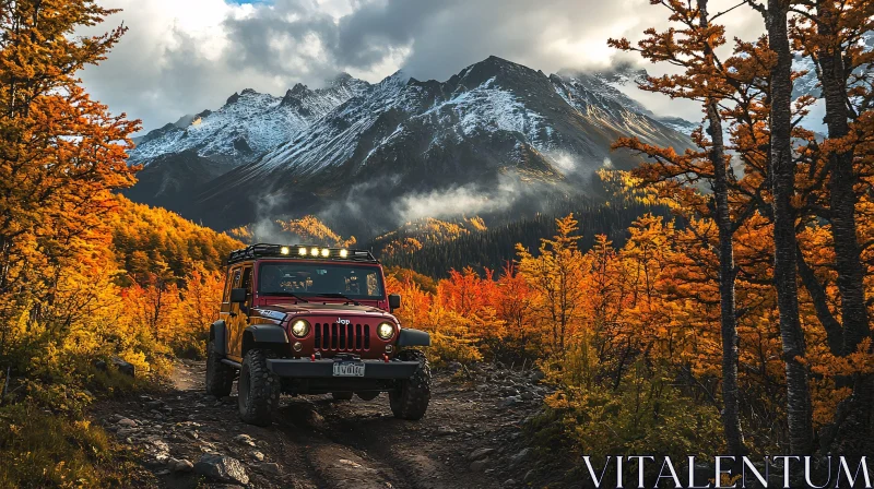 Jeep Journey Through Vibrant Fall Mountains AI Image