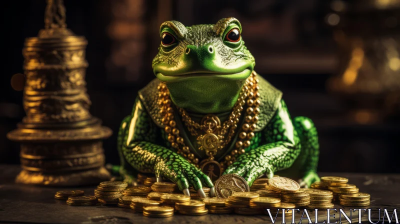 Luxurious Frog with Gold Coins: A Study in Whimsical Opulence AI Image