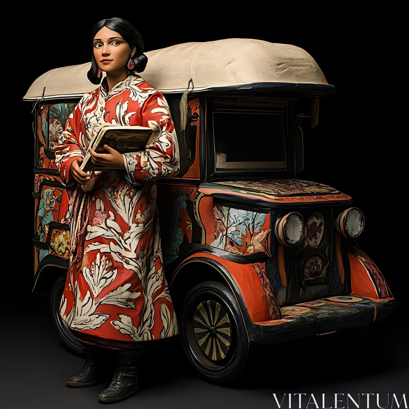 Woman in Patterned Dress with Ornate Vintage Vehicle AI Image