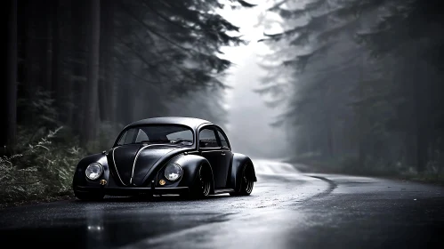 Classic Car in Foggy Forest