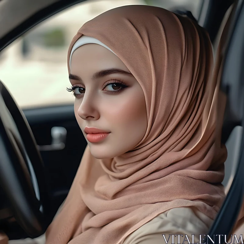 Serene Woman in Hijab Portrait in a Car AI Image