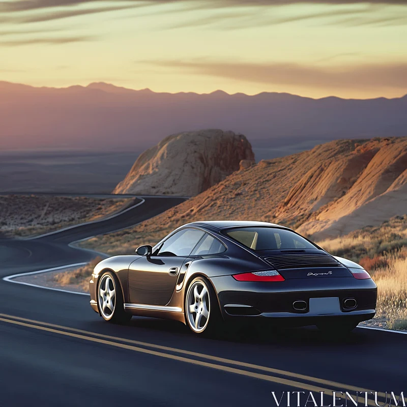 Luxury Black Car Driving Through Desert at Dusk AI Image