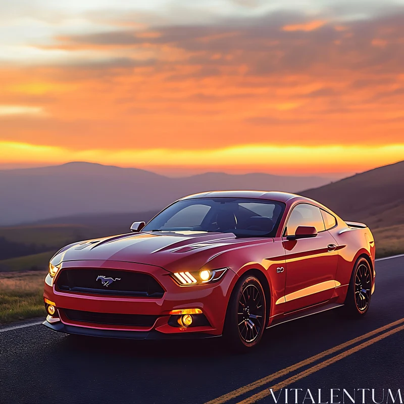 Stunning Red Mustang at Sunset AI Image