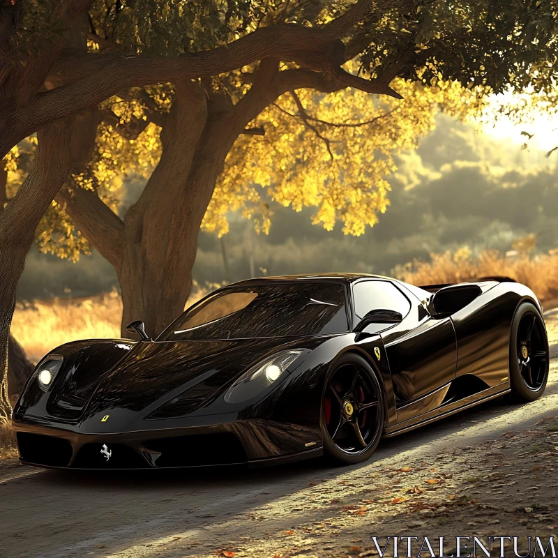 Luxury Black Sports Car in Scenic Autumn Landscape AI Image