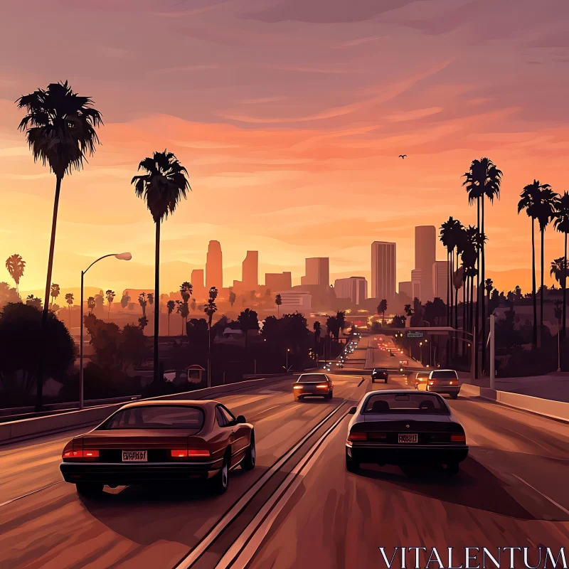 Urban Sunset with Highway and Palm Trees AI Image