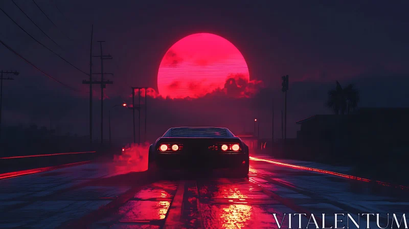 Night Car Journey with Vibrant Red Sunset AI Image