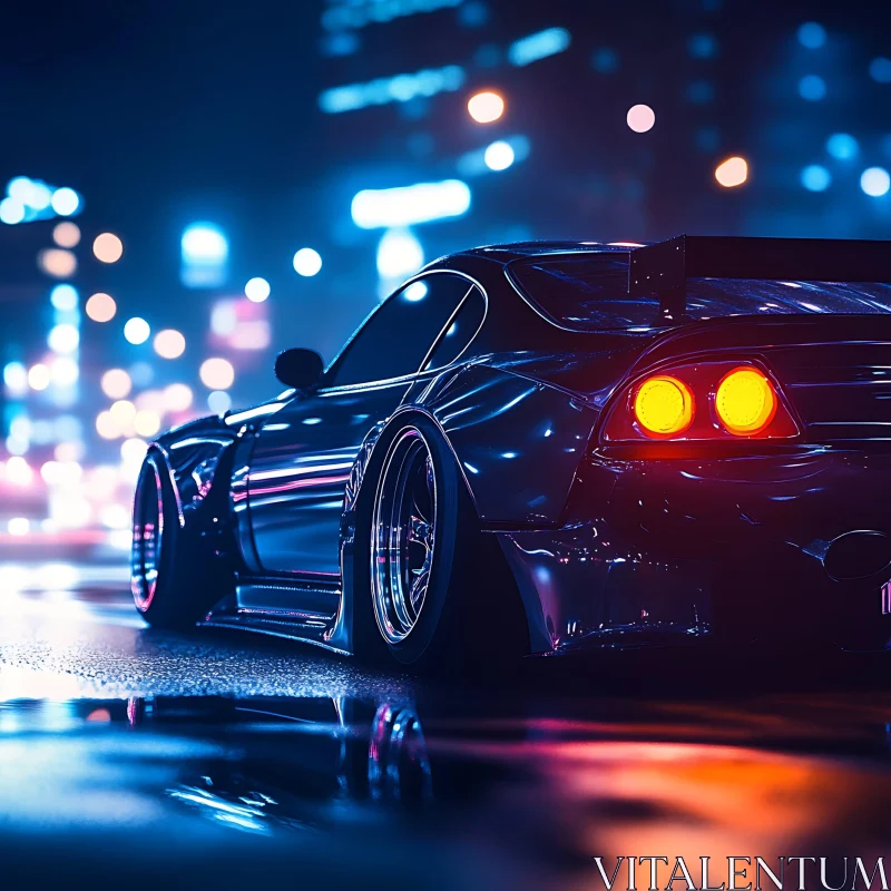 Stylish Sports Car in a Vibrant City at Night AI Image