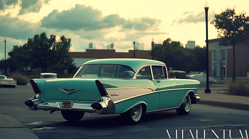 Classic Teal Car on Evening Street AI Image