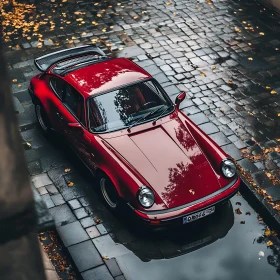 Timeless Red Vehicle on a Rainy Day with Fall Foliage