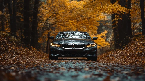 Sleek BMW on Autumn Forest Road