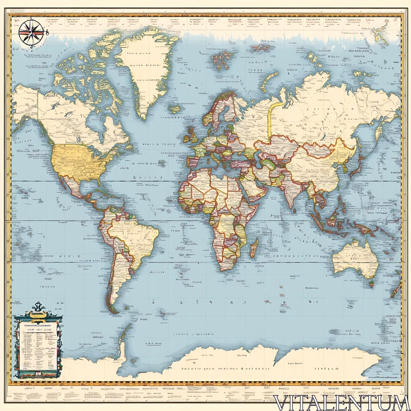 Vintage World Map with Compass Rose and Legend AI Image