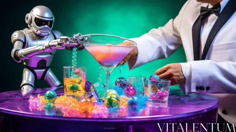 Robot Bartender in Mesmerizing Colorful Bar Scene AI Image