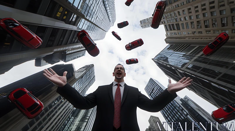 City Surrealism: Businessman and Floating Red Cars AI Image