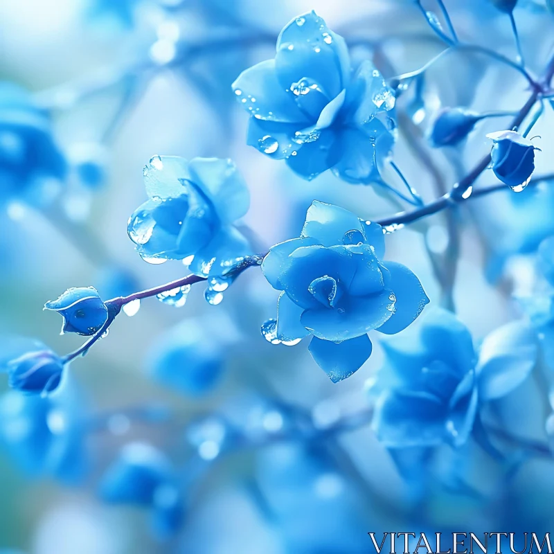 Delicate Blue Blossoms with Dew AI Image