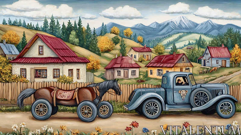 Whimsical Countryside Painting Featuring a Horse with Wheels AI Image