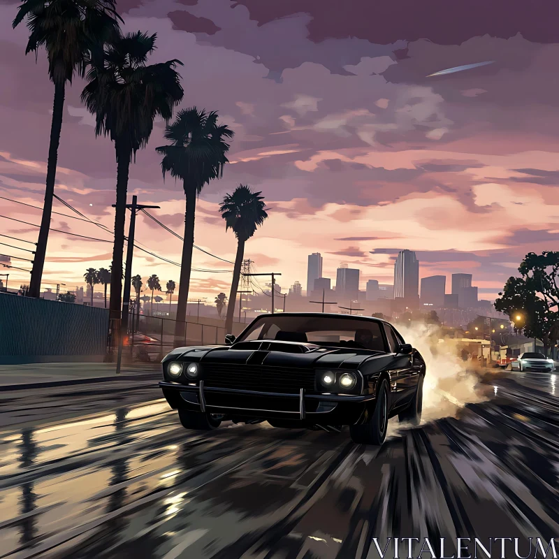 Urban Muscle Car in Evening Cityscape AI Image