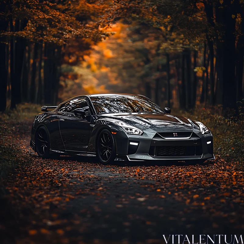 Black Sports Car Amidst Autumn Leaves AI Image