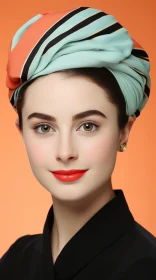 Captivating Portrait of a Woman with a Striped Turban Against an Orange Background