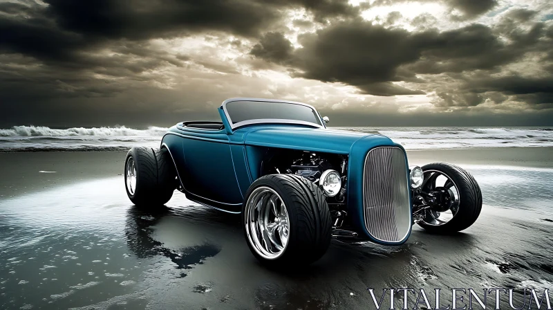 Classic Car on Beach with Cloudy Skies AI Image