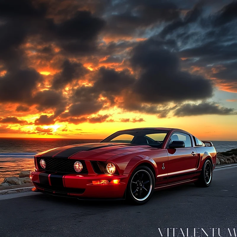 Sleek Red Car Against a Sunset Backdrop AI Image