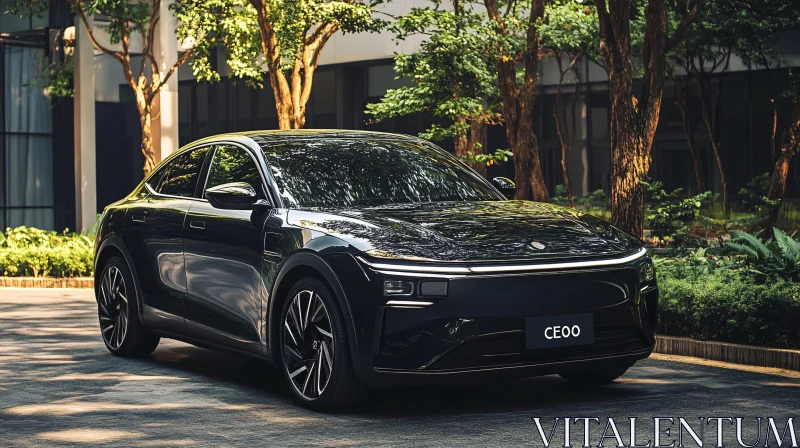 Luxury Black Sedan Surrounded by Nature AI Image