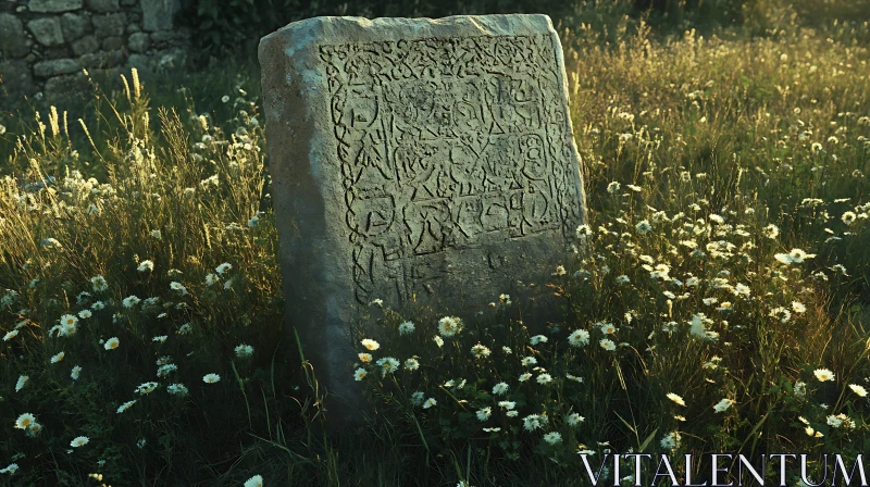 Mysterious Stone in Flower Field AI Image