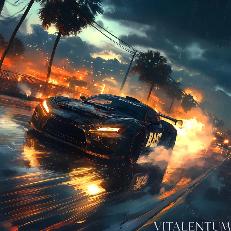 Night Street Racing Amidst Neon Lights and Rain AI Image