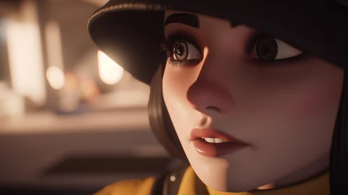 Captivating Animated Girl with Dark Hair and Yellow Cap | Vintage Cinematic Style