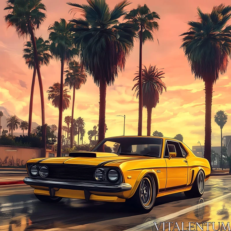 Vintage Yellow Car under Palm Trees AI Image