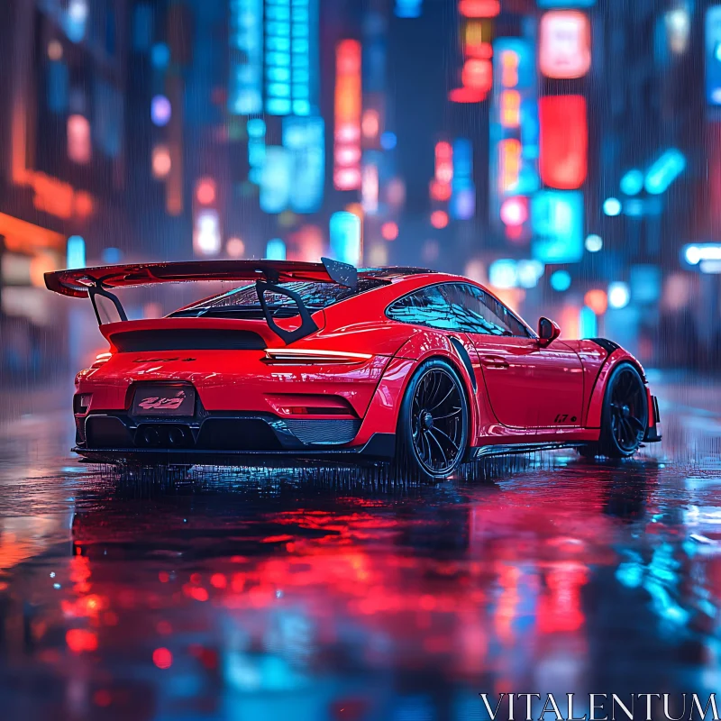 Sleek Red Car on Wet City Streets with Neon Reflections AI Image