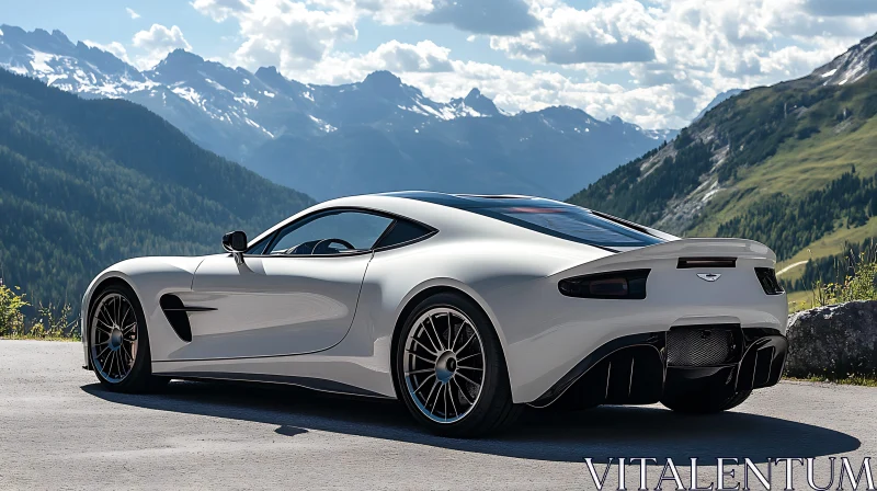 Sleek White Sports Car in Mountainous Scenery AI Image