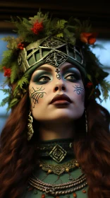 Enchanting Woman with Green Twig Headdress - Captivating Norwegian Nature