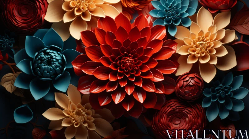 Floral Artistry: Dark Gold and Red Flowers on a Dark Background AI Image