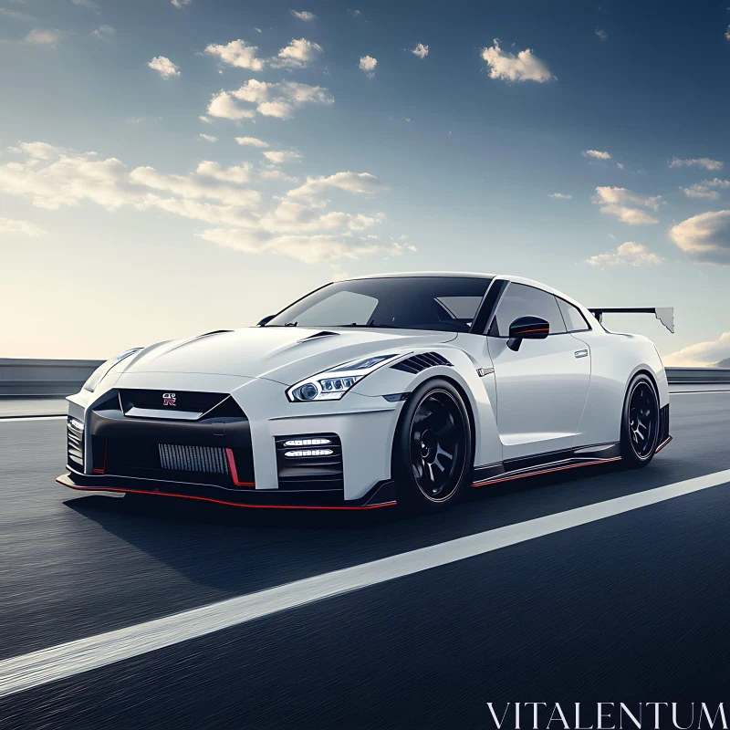 Sleek White Sports Car on Highway at Dusk AI Image