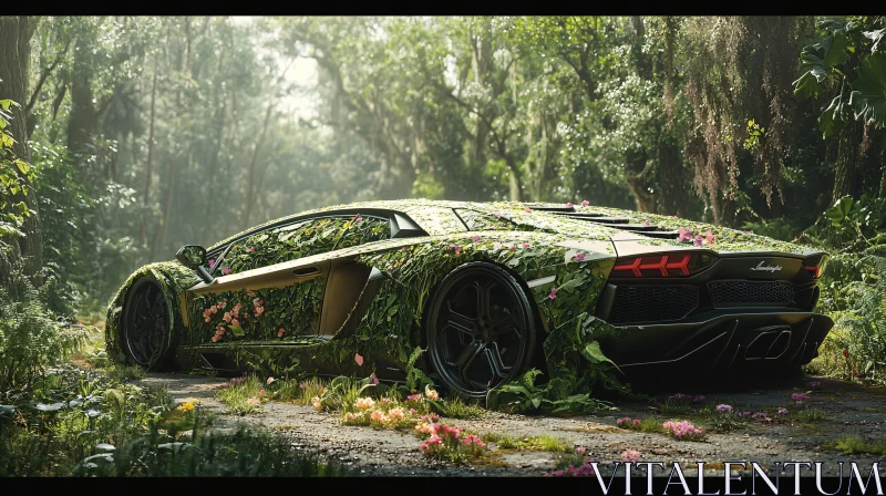 Nature-Infused Luxury Sports Car in Wooded Setting AI Image