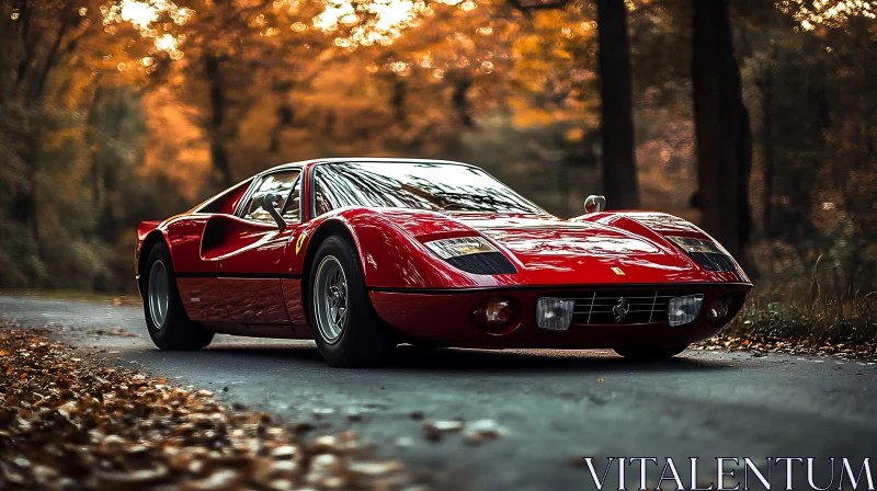 Vintage Red Car Amidst Golden Autumn Leaves AI Image