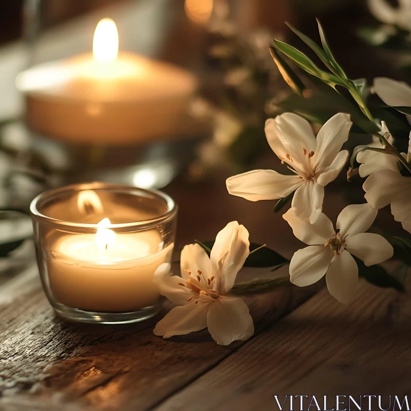 Tranquil Candle and Flowers Arrangement AI Image