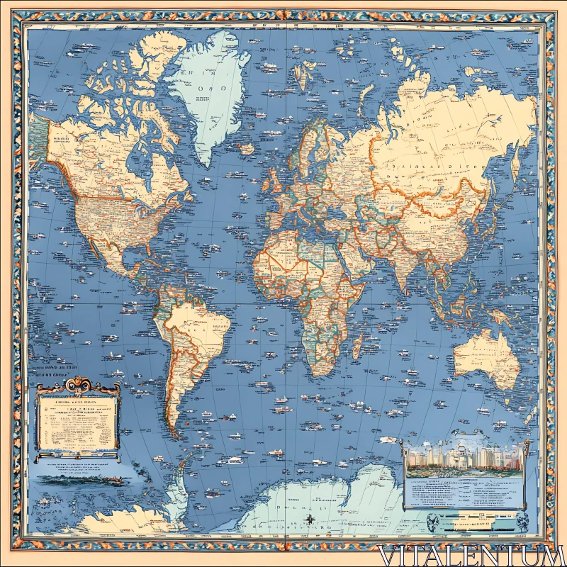 Vintage World Map - Detailed Geographical and Political Boundaries AI Image