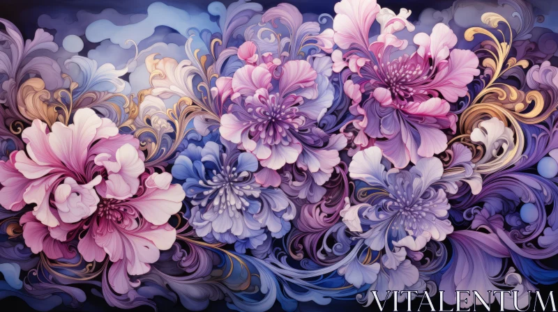 Intricate Floral Art in Purple and Blue AI Image