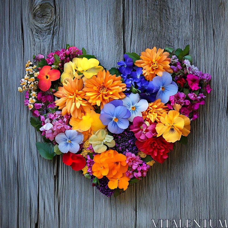 Heart Shaped Blooming Flower Art Against Wood AI Image