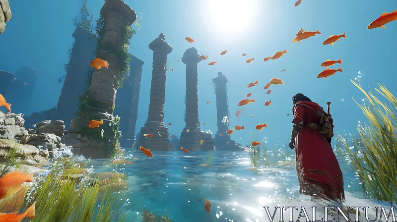 Enigmatic Underwater World with Mystic Columns and Fish AI Image