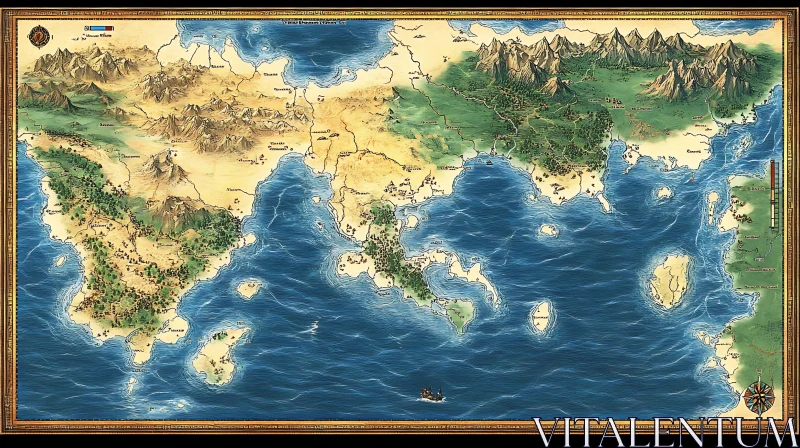 Fantasy World Map with Mountains and Oceans AI Image