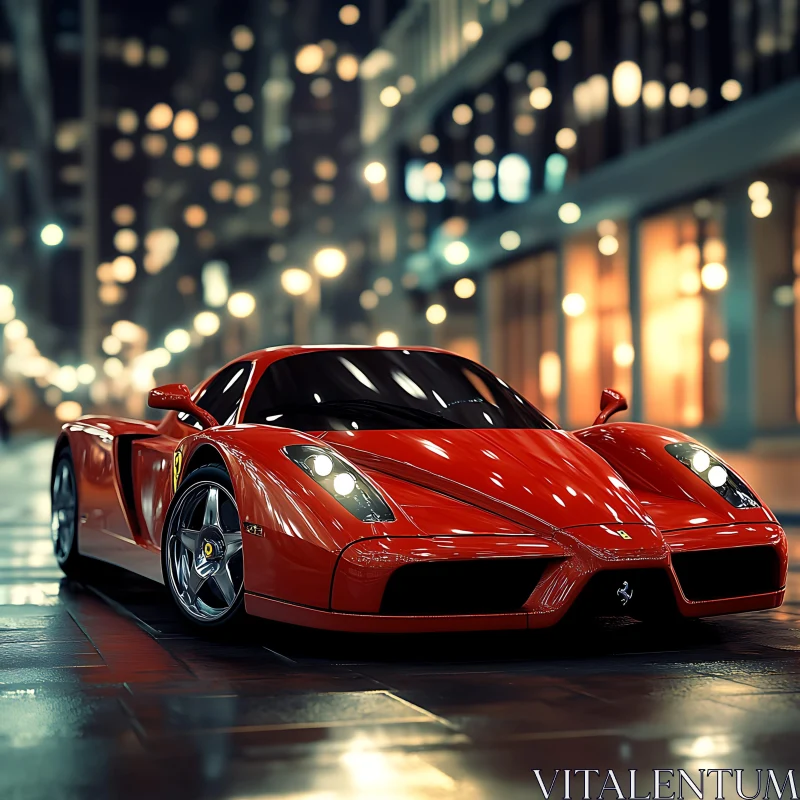 Red Sports Car in City at Night AI Image