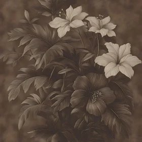 Sepia-Toned Hibiscus Flowers and Leaves Artwork