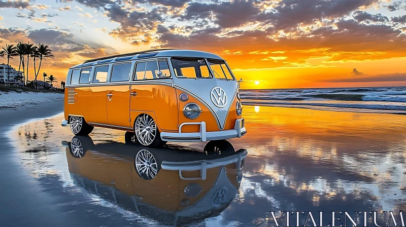 Classic Van Reflecting Sunset Elegance on Beach AI Image