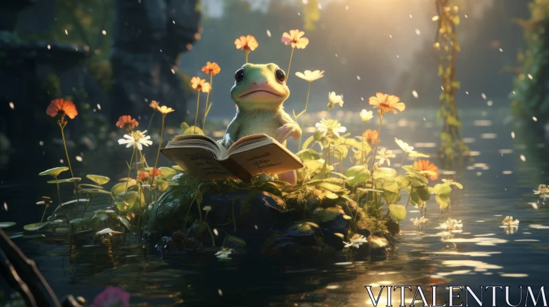 Enchanting Frog Reading a Book on Water - Rendered in Unreal Engine AI Image