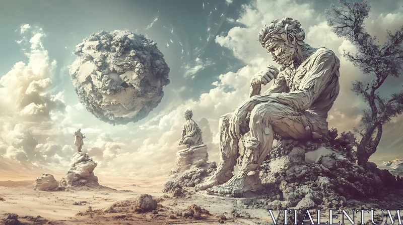 AI ART Fantasy Imagery of Giant Stone Figures and Hovering Rock