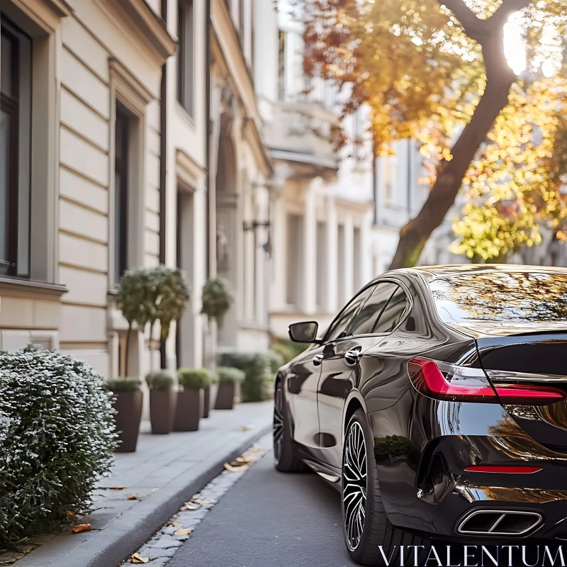 Elegant Urban Street Scenery with Luxury Car AI Image